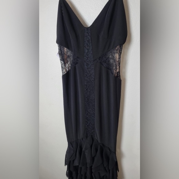 Fame and Partners Abby Gown Draped Tiered Black Spaghetti Strap Maxi Dress Lace - Picture 2 of 9